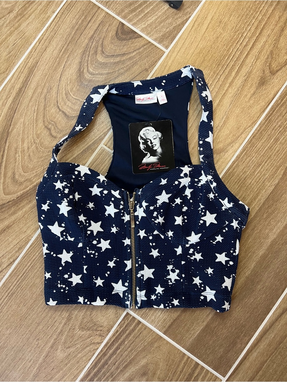 Marilyn Monroe Navy Blue and White Star Zip Front Crop Top